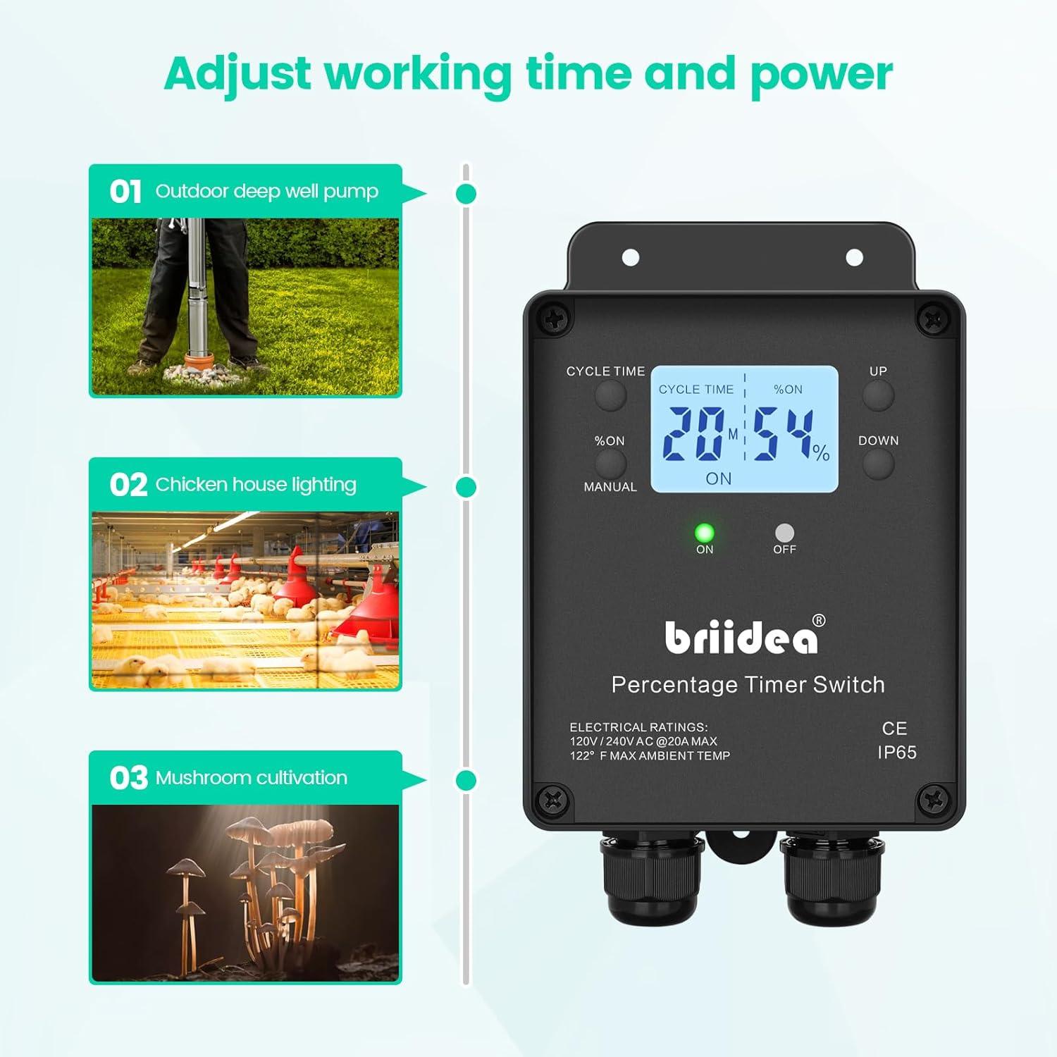 Briidea Percentage Timer Switch, Intelligent Digtal Display with White Backlighting, S/M/H Selectable Time Unit, Customizable Cycle Time Set Value, 20A Load /2 HP Motor, 120/240 VAC Input - briidea