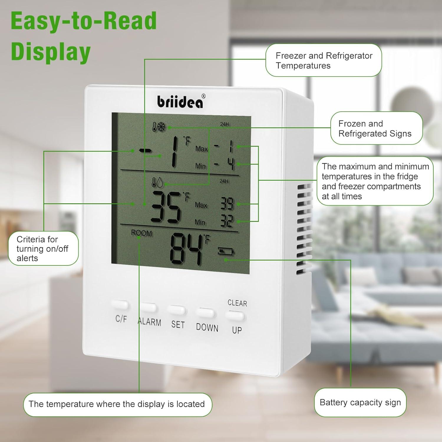 Freezer Temperature Alarm, Briidea Wireless Fridge and Freezer Thermometer with Alarm, Alerts for Max/Min Temperatures (-40℉ to 99℉), Prevent Food Spoilage - briidea