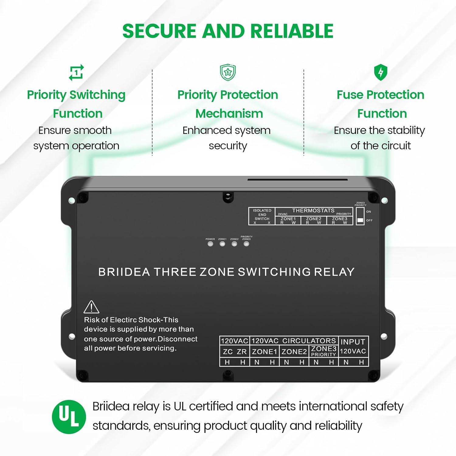 Briidea Three Zone Switching Relay for Zone Temperature Control, Compatible with Hydraulic Heating Systems (Boilers), with Built-in Multiple Protections - briidea