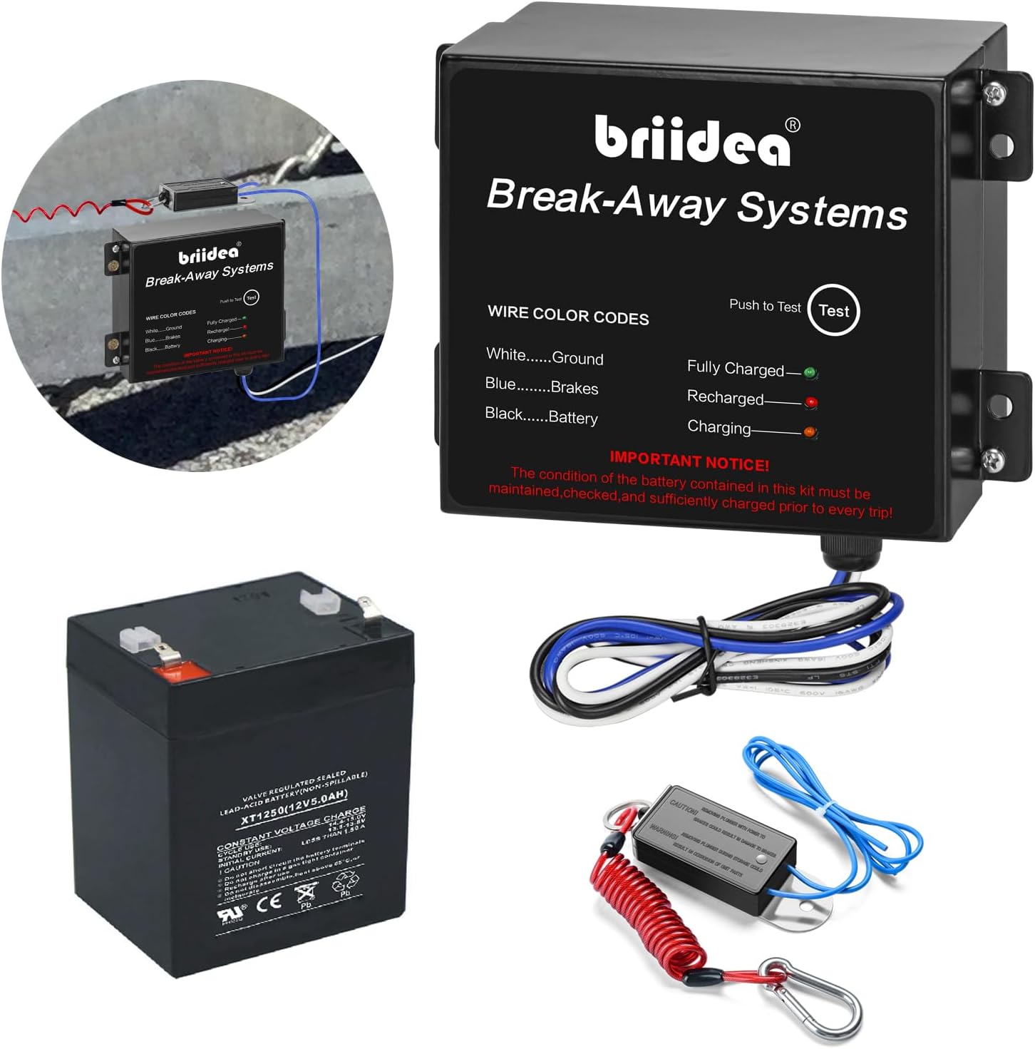 Trailer Brakeaway Kit, Briidea Trailer Brakes Breakaway Kit with 12V 5AH Battery and Charger, LED Indicator, All Metal Waterproof Enclosure, Designed for Safe Towing, Ensure Your Driving Safety