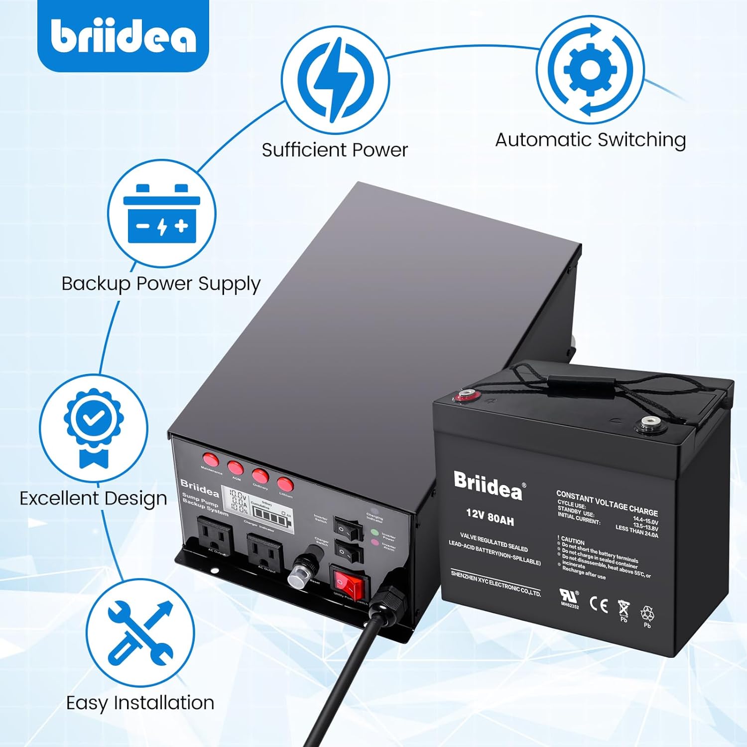 Briidea 1500W Sump Pump Battery Backup System with 12V 80AH Lead-acid Battery