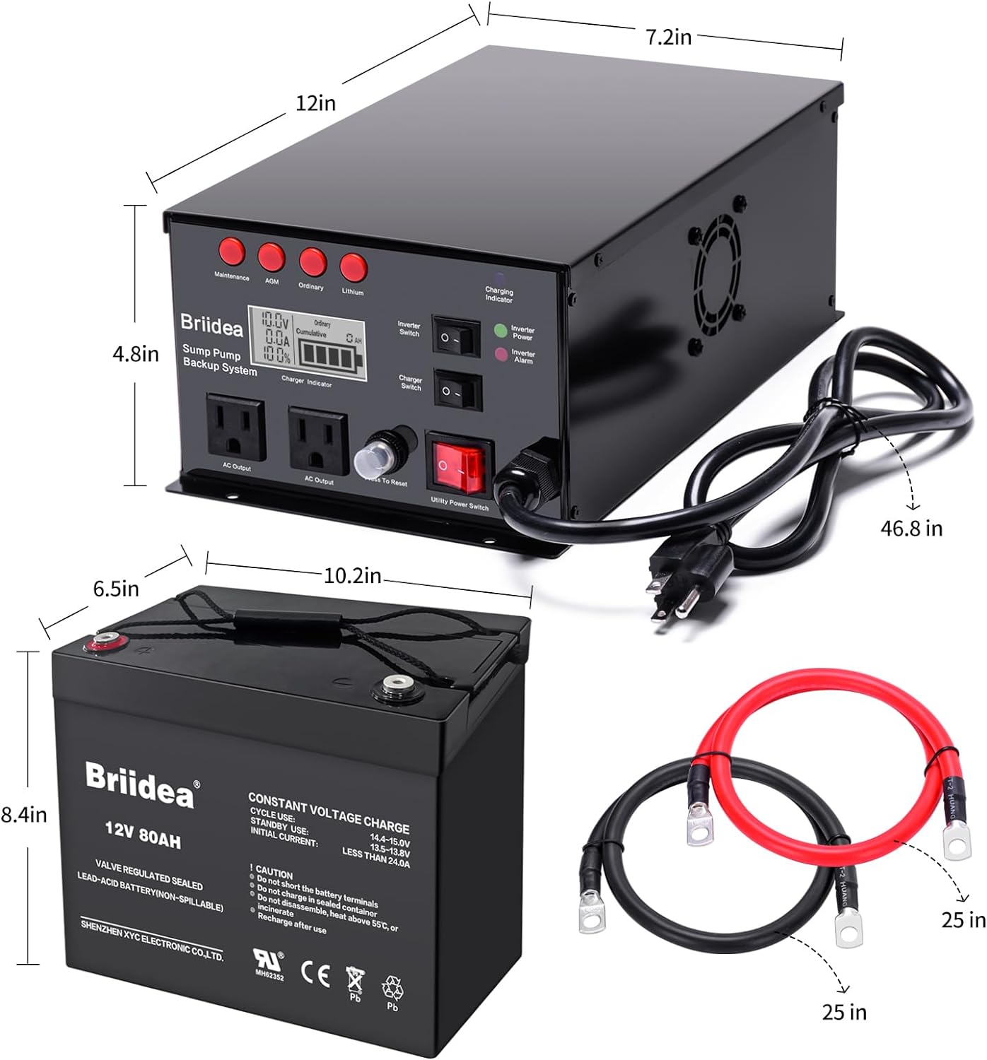 Briidea 1500W Sump Pump Battery Backup System with 12V 80AH Lead-acid Battery
