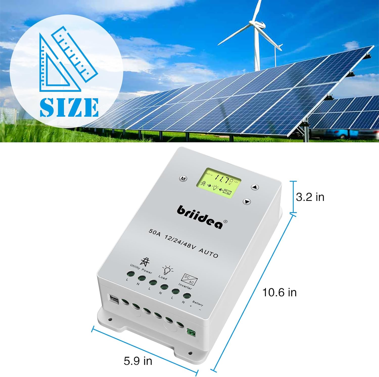 Automatic Transfer Switch, Briidea 50A 5500 Watt ATS Dual Power Controller for Off Grid Solar Wind Systems DC 12V 24V 48V AC 110V 220V