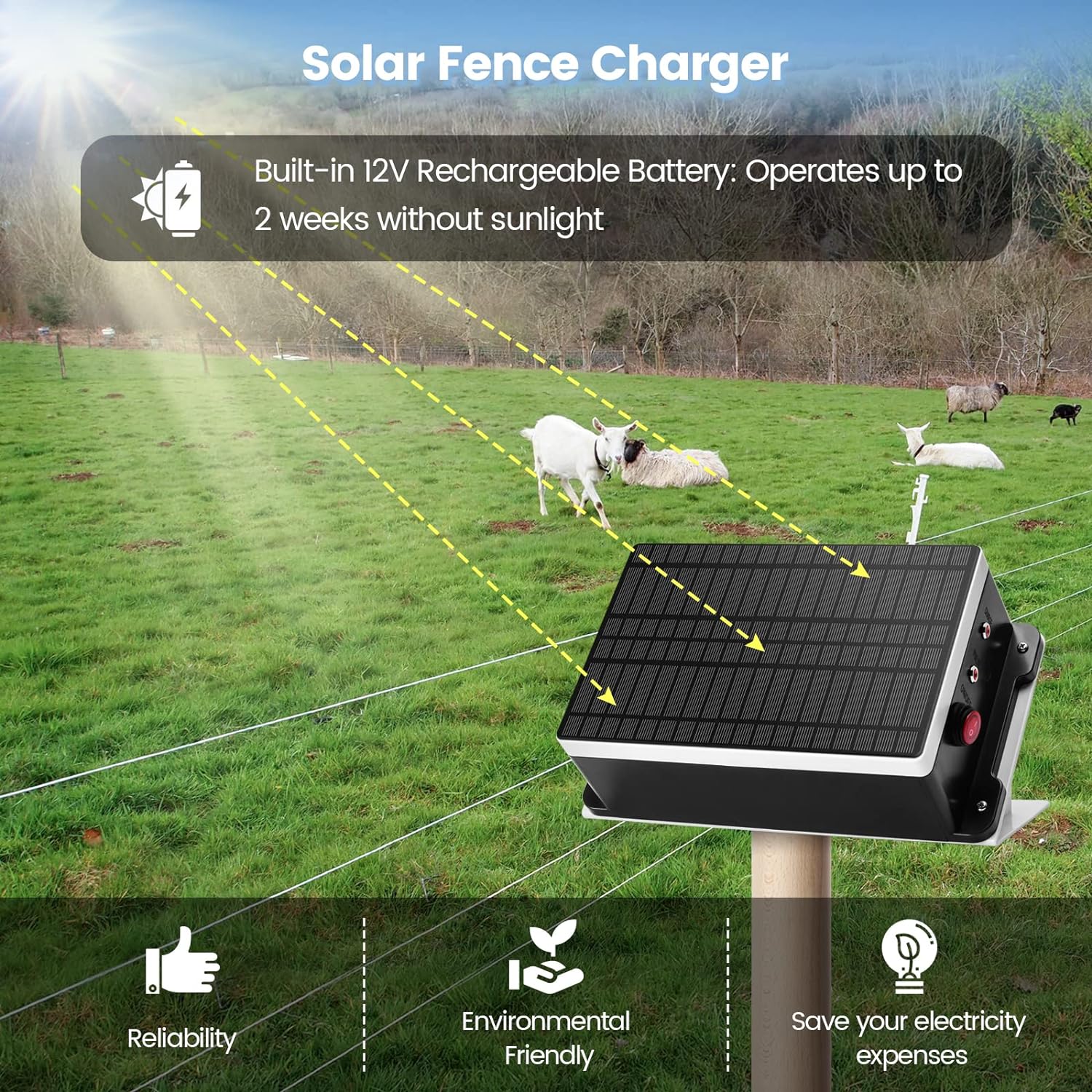 Solar Fence Charger, Briidea 5.6 Miles Solar Electric Fence Charger, 0.2 Joules, Protect Your Livestock Garden Pasture from Wildlife, IP66 Waterproof