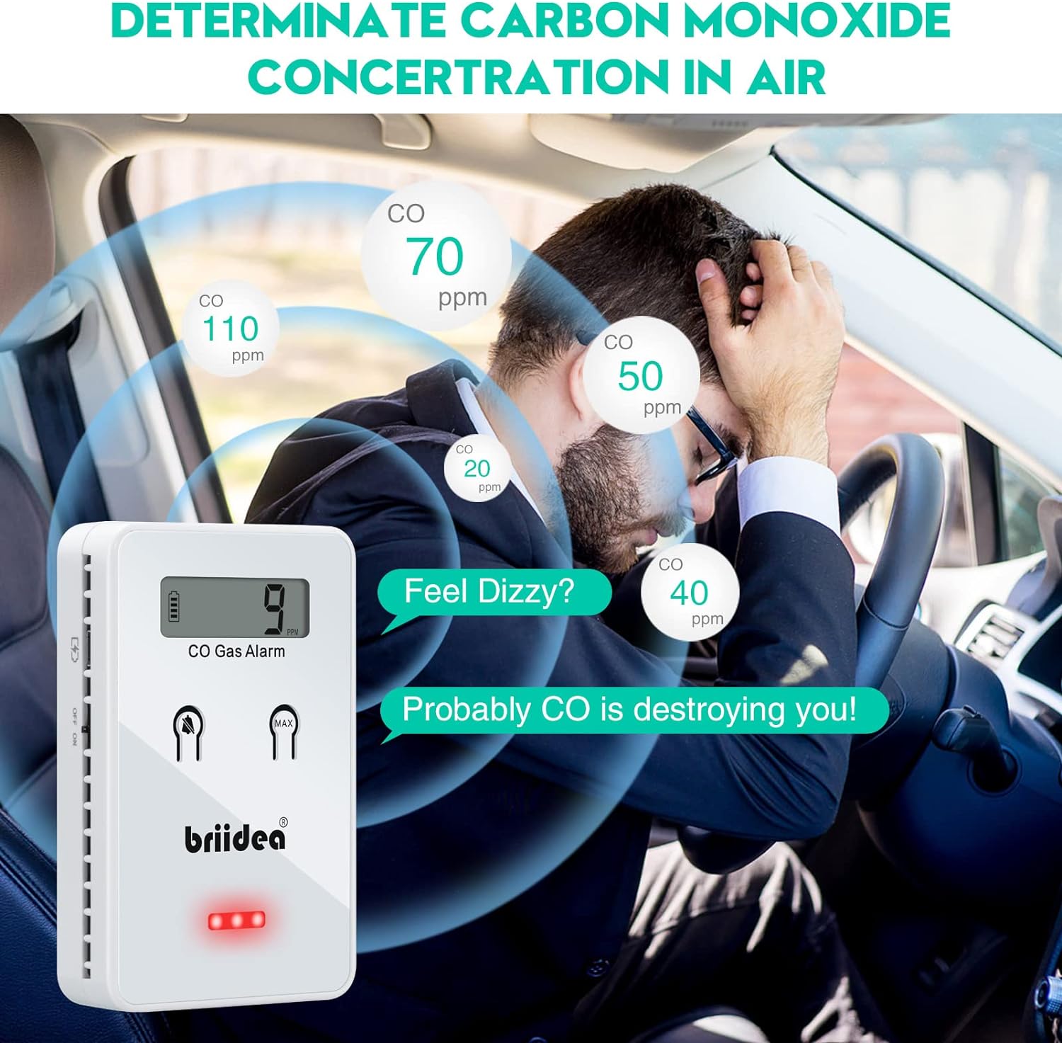 Carbon Monoxide Detector for Car, Briidea White Low-Level Fast 9ppm Alarm CO Detector, Widely Used in Vehicles Aircraft Travel Bus Trucks