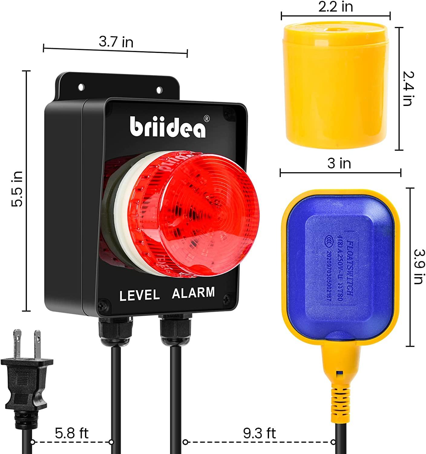Sump Pump Alarm, Briidea Indoor/Outdoor High Water Septic Tank Alarm with 110dB Loud Alarm and Large LED Indicator, 10ft Level Float Switch, Ideal for Septic Sump Pump Pond Water Tank - briidea