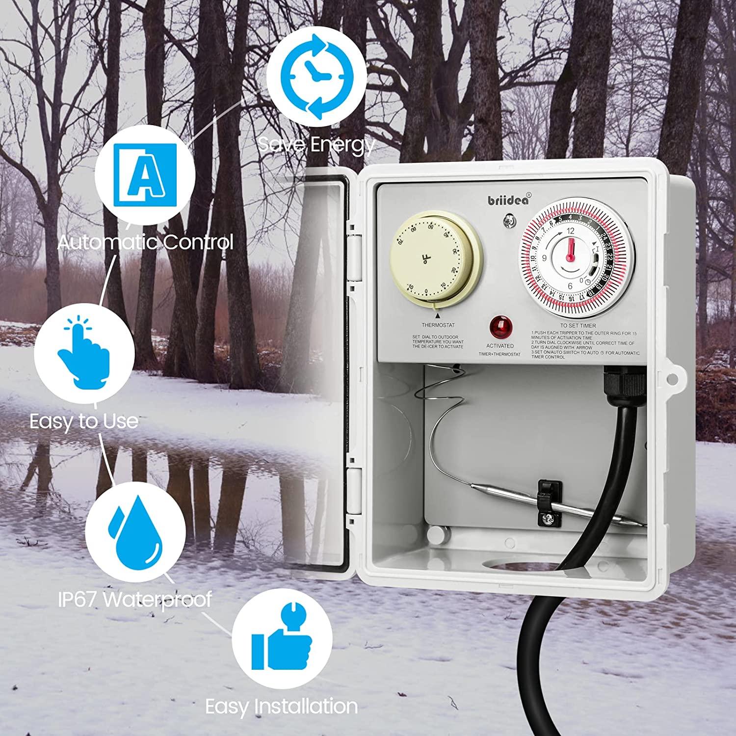 briidea De-Icer Timer & Temperature Controller, De-Ice Control Box Automatically Turn On and Off Your 120V De-Icer, IP67 Waterproof, Ideal for Dock Pond Lake - briidea